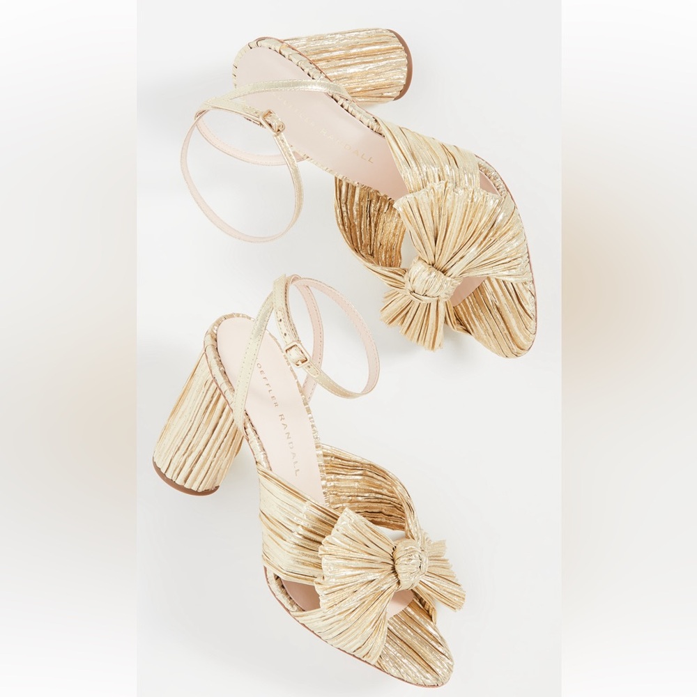 LOEFFLER RANDALL Camillia Gold Pleated Bow Heel with Ankle Strap